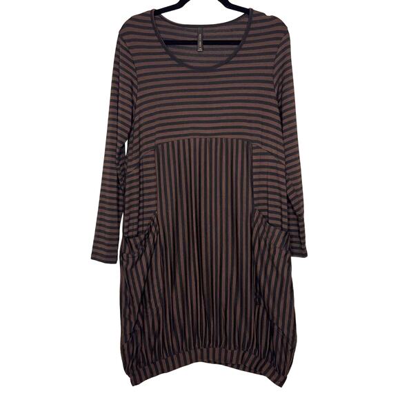 Match Point USA Size Small Brown Black Stripe Bubble Dress Pockets Lagenlook - Picture 1 of 9